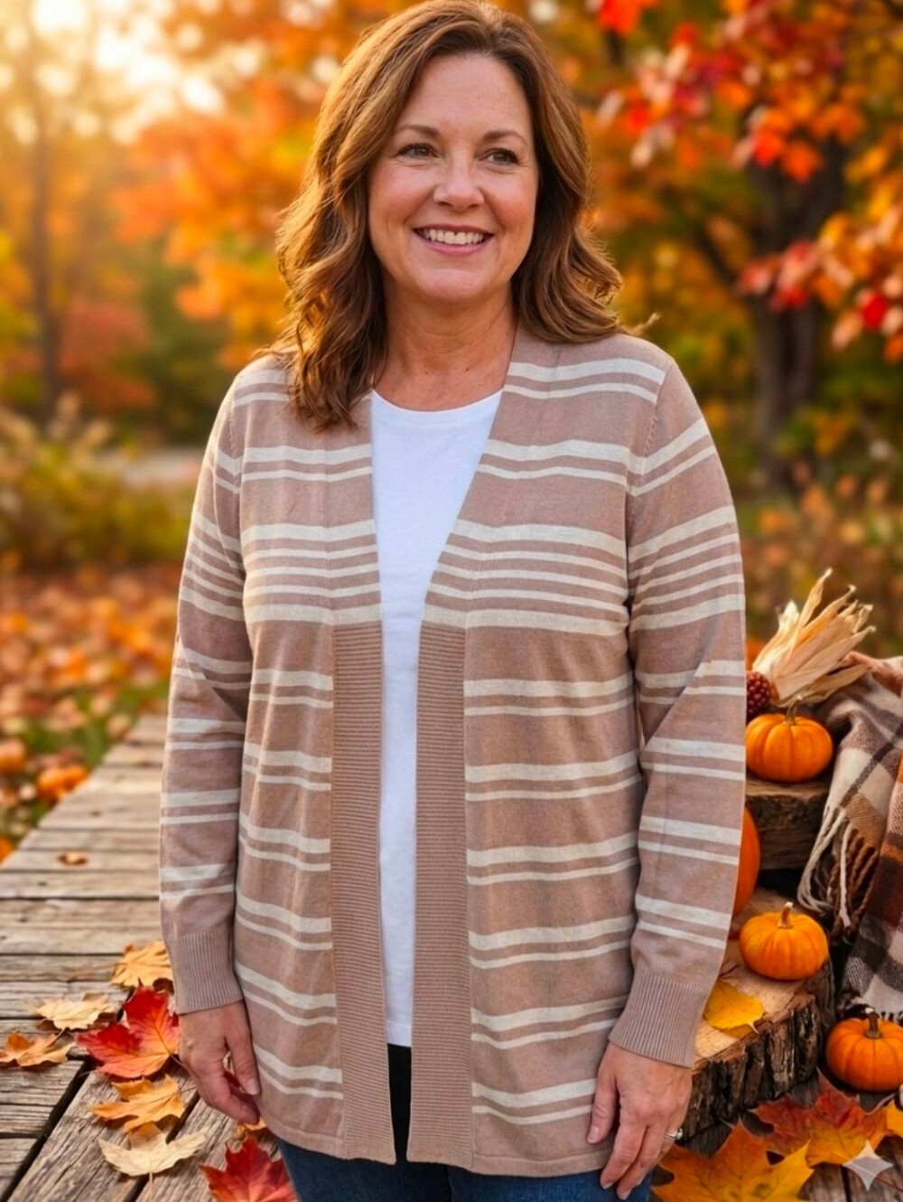 Cyrus Sweater Camel Tan Cream Horizontal Stripe Long Sleeve Cardigan  XL *NWOT